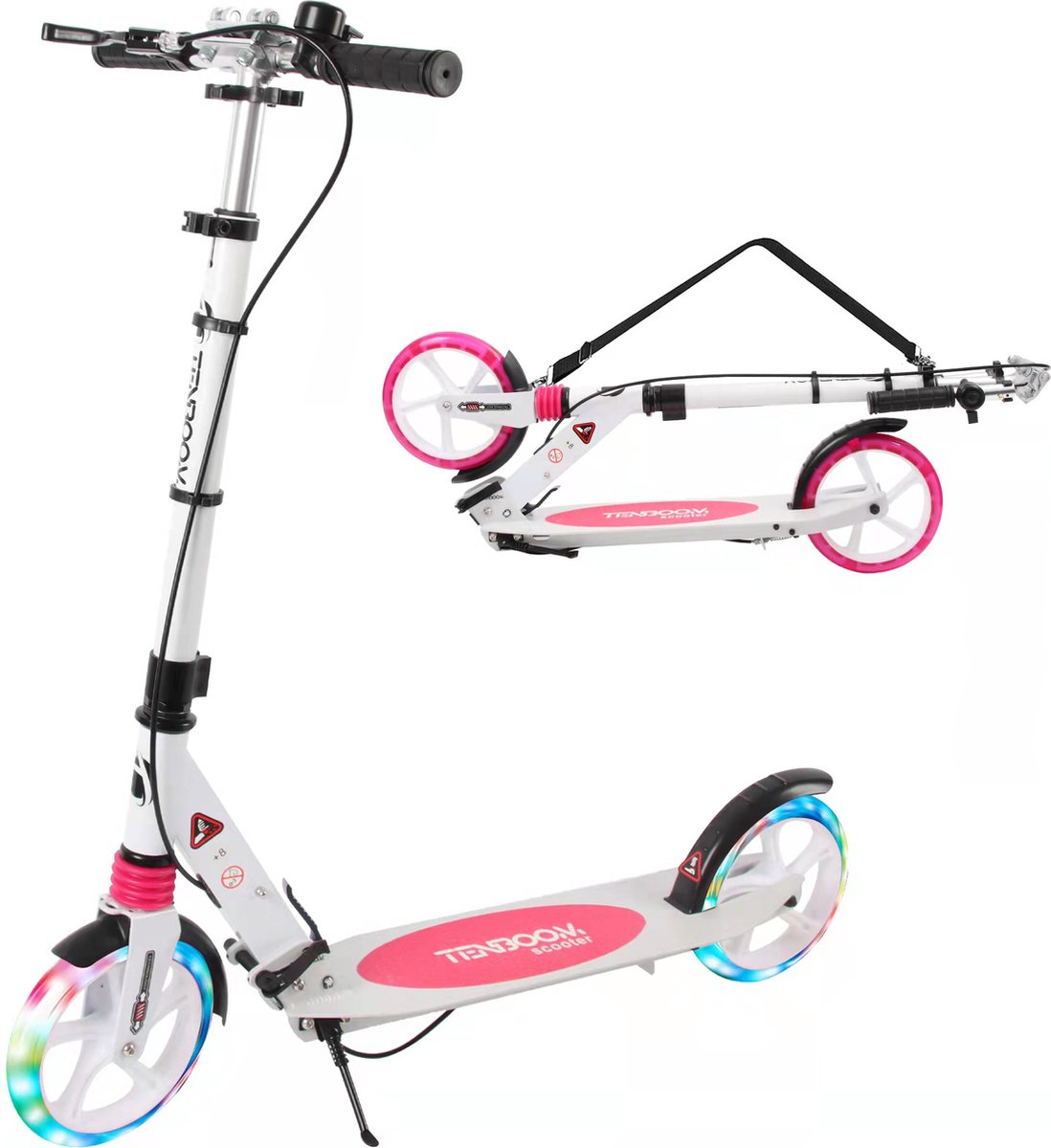 Faseras Step voor Kinderen/Volwassenen - Kinderstep met Rem - Opvouwbaar - Autoped - Max 110KG - Vering - Met grote wielen - Wit/Roze