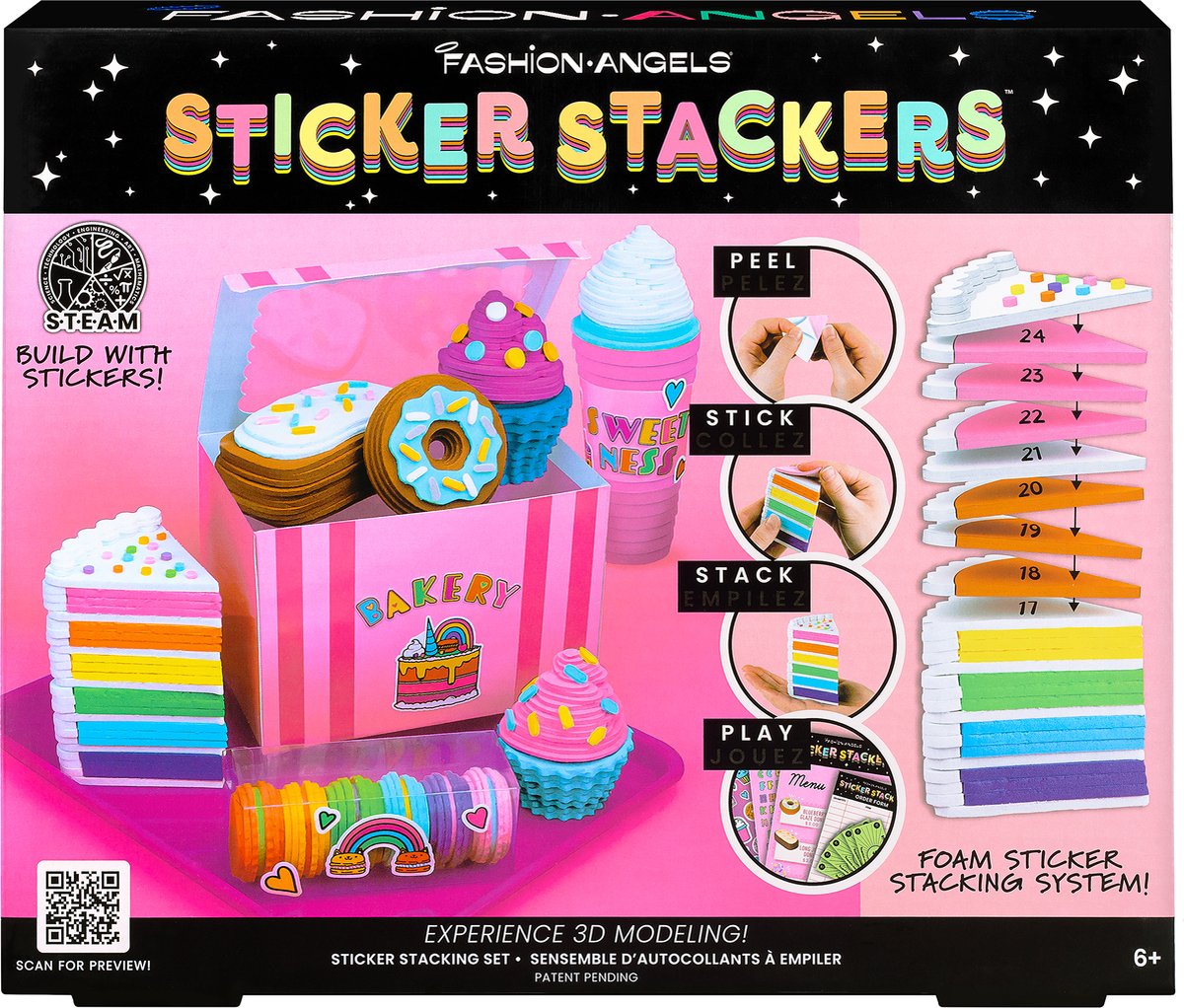 Fashion Angels - Sticker Stackers Set Banketbakkerij, schuimrubberen stickers voor 3D-creaties, kinderspeelgoed etenswaren, STEM-spel, creatieve activiteit, vanaf 8 jaar