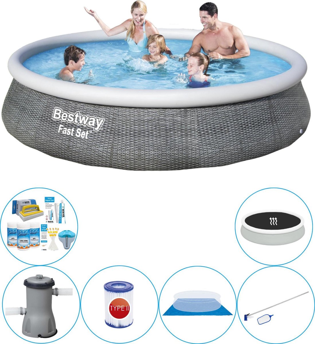 Fast Set Rattan Rond 396x84 cm - Zwembad Combinatie Set