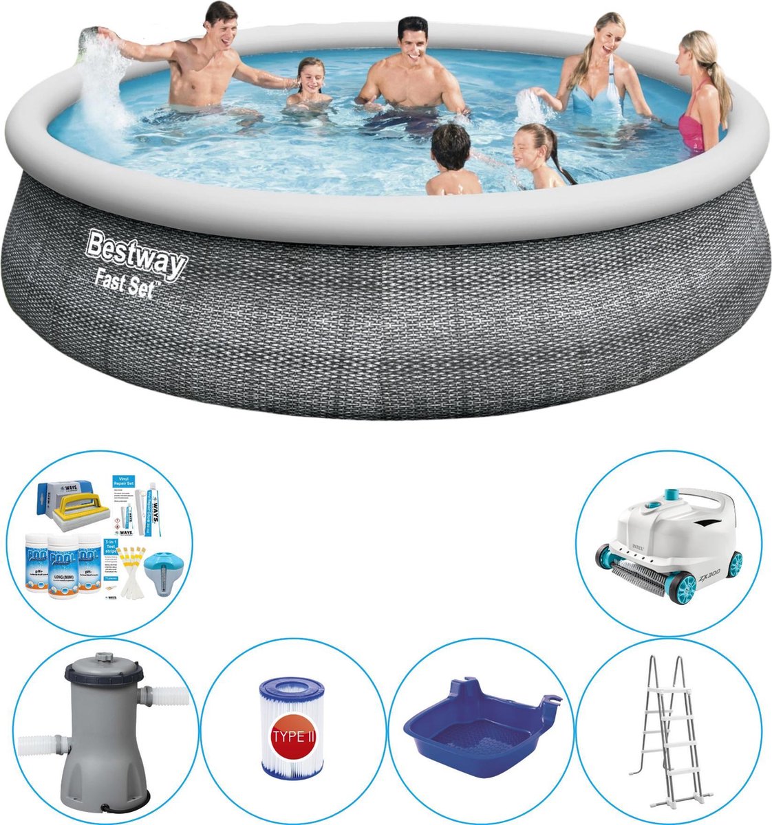 Fast Set Rattan Rond 457x107 cm - 7-delig - Zwembad Bundel