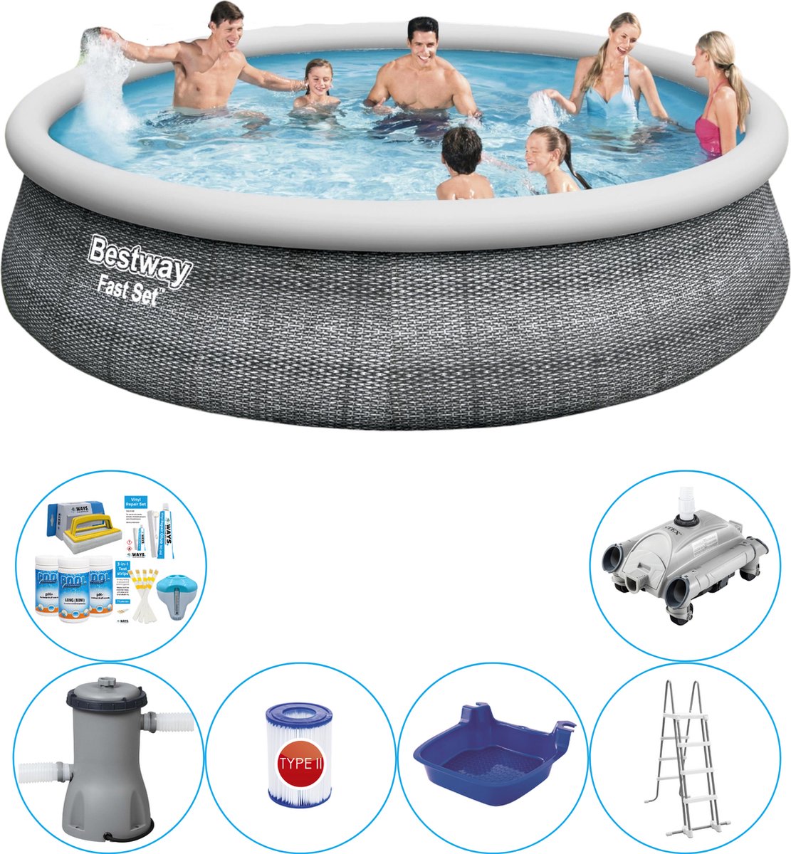 Fast Set Rattan Rond 457x107 cm - 7-delig - Zwembad Inclusief Accessoires