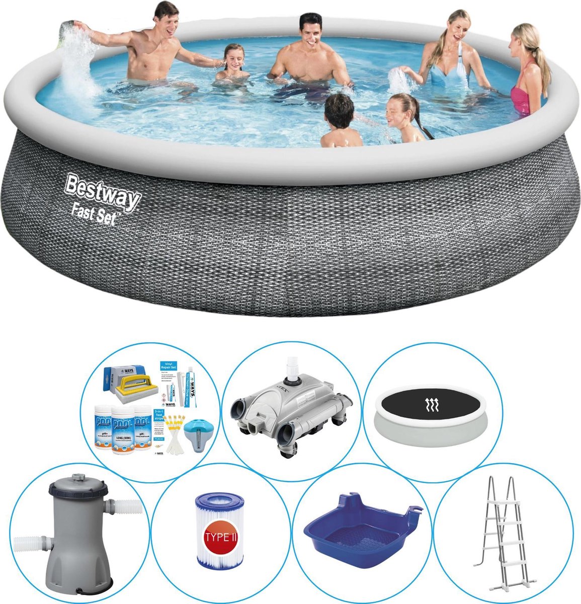 Fast Set Rattan Rond 457x107 cm - Alles in 1 Zwembad Pakket