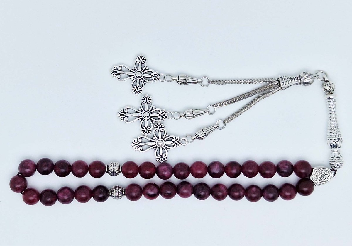 Tasbih Rozenkrans 33 Kralen 8 mm - Tasbih Rozenkrans klassiek natuursteen - model 8- Lepidolite -Bourgondische kleur