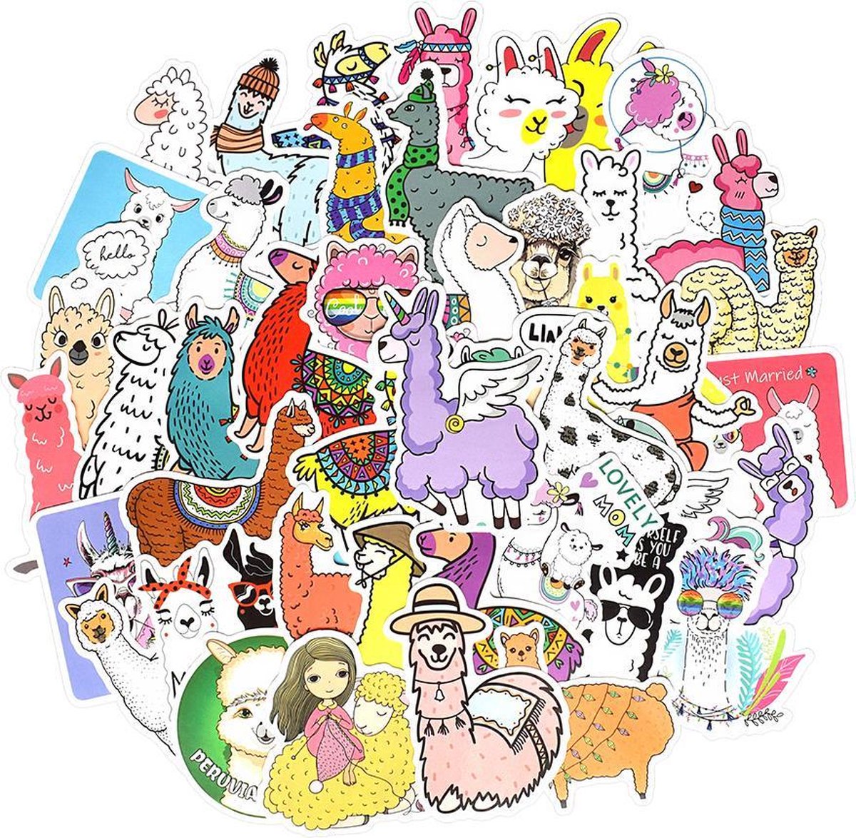 Alpaca Lama stickers - Vrolijke sticker mix voor laptop, muur, agenda, skateboard etc. - 50 stuks - geschikt voor kinderen