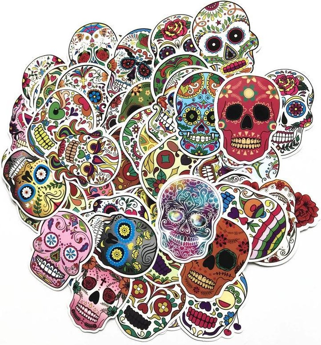 Mix met 60 verschillende Day of the Dead Sugar Skull stickers voor laptop, helm, motor, fiets, muur, skateboard etc. Coole sticker mix met doodshoofden/schedels