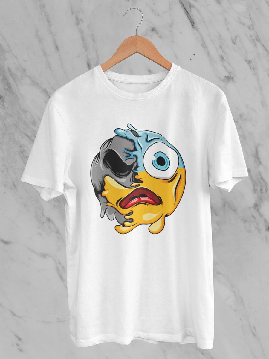 Feel Free - Halloween T-Shirt - Smiley: Angstig gezicht - Maat S - Kleur Wit