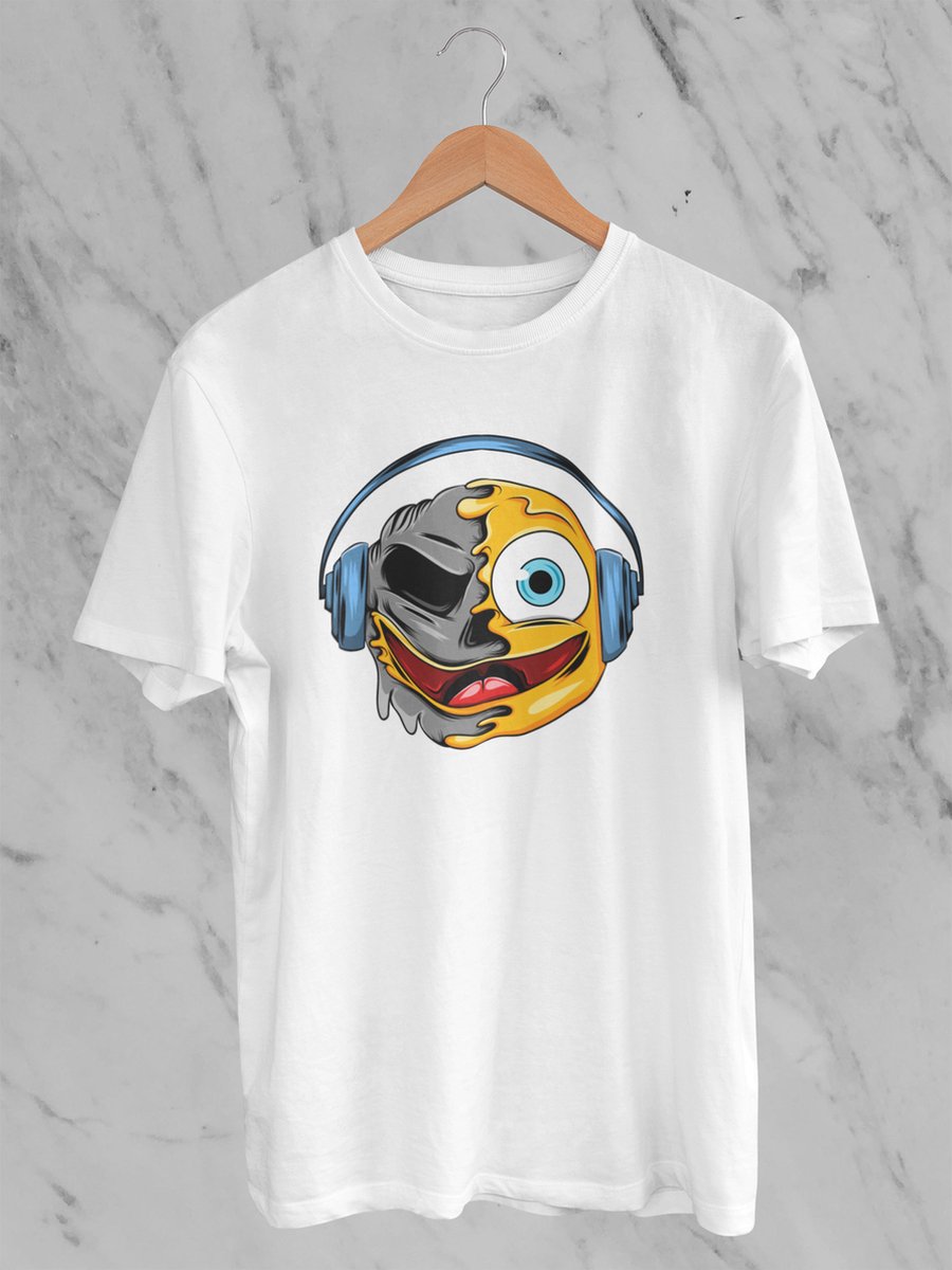 Feel Free - Halloween T-Shirt - Smiley: DJ-smileygezicht - Maat L - Kleur Wit