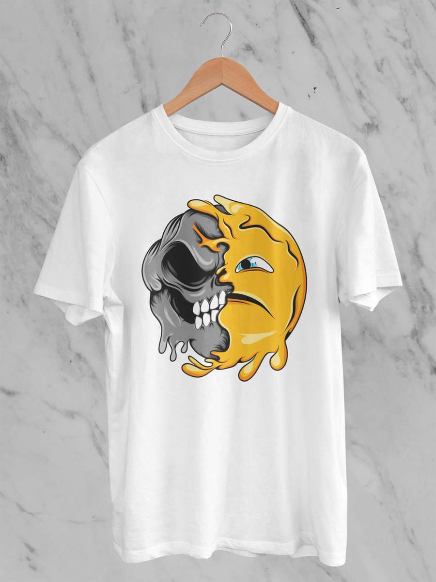 Feel Free - Halloween T-Shirt - Smiley: Een licht fronsend gezicht - Maat L - Kleur Wit