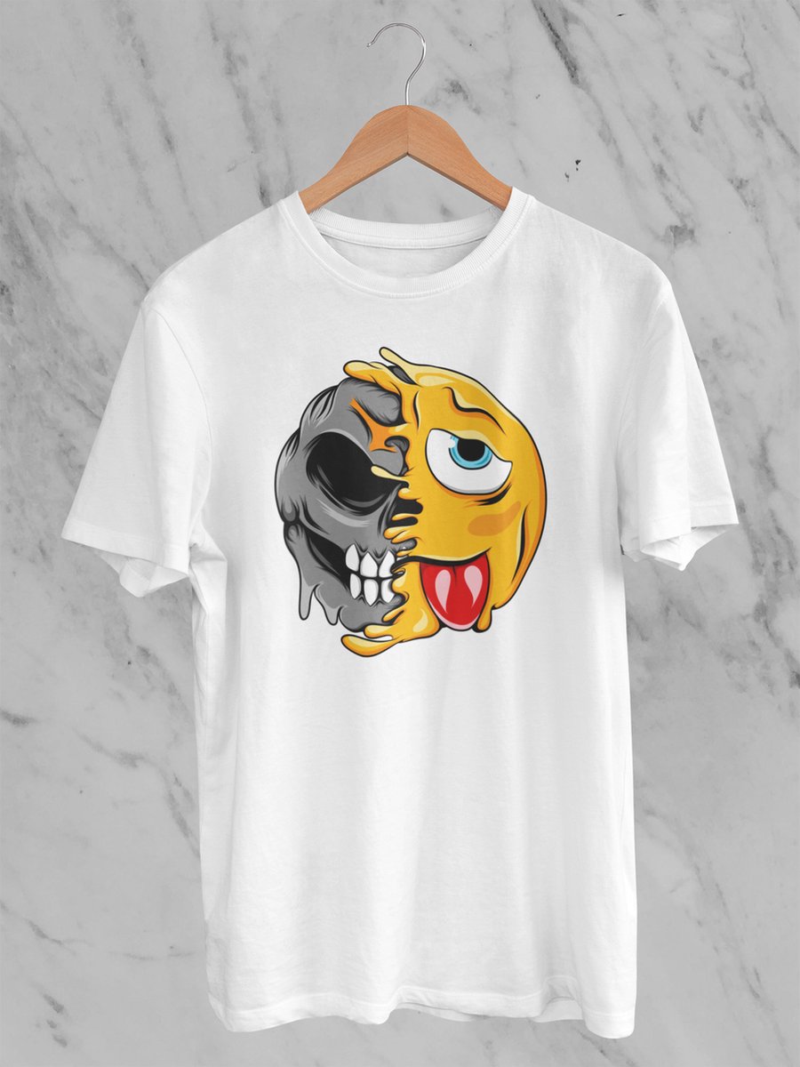 Feel Free - Halloween T-Shirt - Smiley: Geconfronteerd met ongelijke ogen en golvende mond - Maat S - Kleur Wit