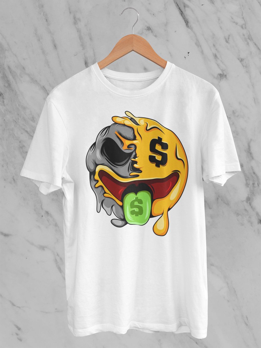 Feel Free - Halloween T-Shirt - Smiley: Geldmondgezicht - Maat M - Kleur Wit