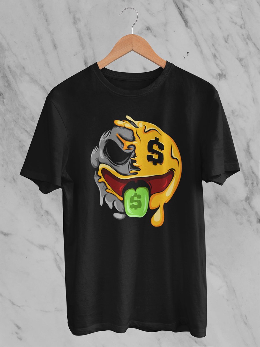 Feel Free - Halloween T-Shirt - Smiley: Geldmondgezicht - Maat S - Kleur Zwart