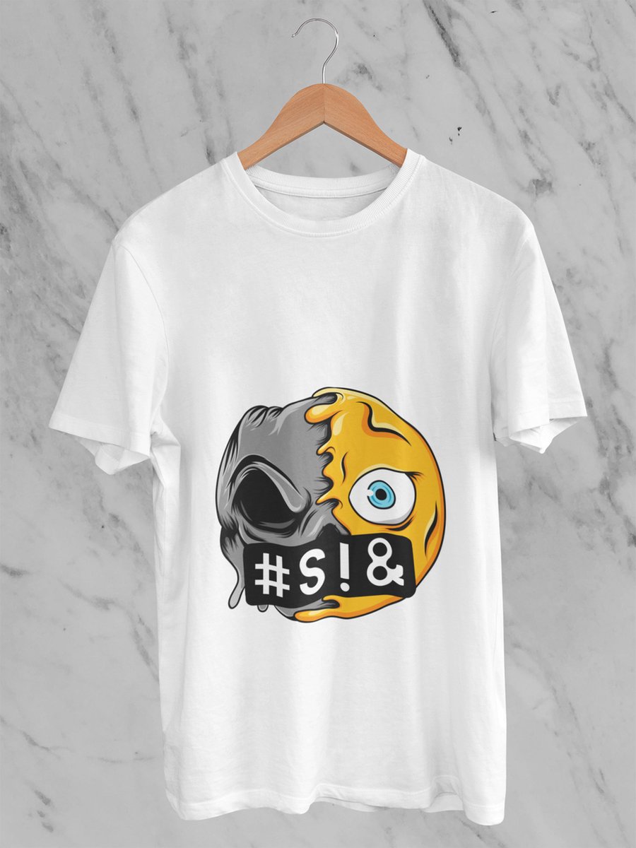 Feel Free - Halloween T-Shirt - Smiley: Gezicht Met Symbolen Over De Mond - Maat L - Kleur Wit