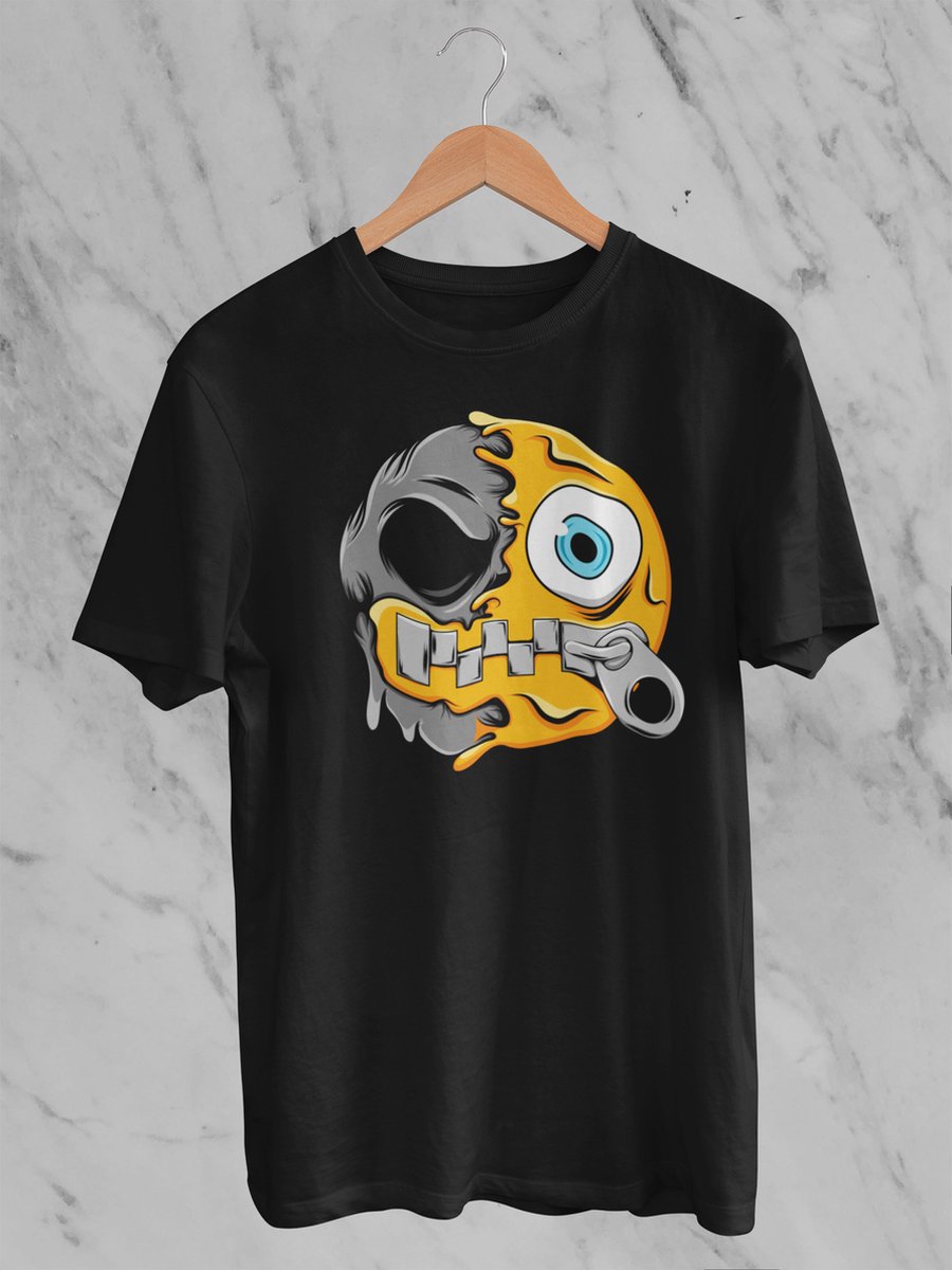 Feel Free - Halloween T-Shirt - Smiley: Gezicht met ritssluiting - Maat M - Kleur Zwart