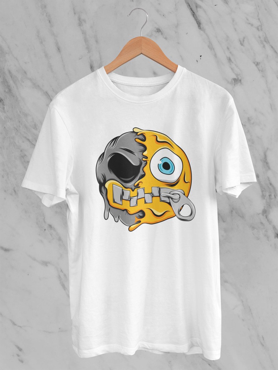 Feel Free - Halloween T-Shirt - Smiley: Gezicht met ritssluiting - Maat S - Kleur Wit