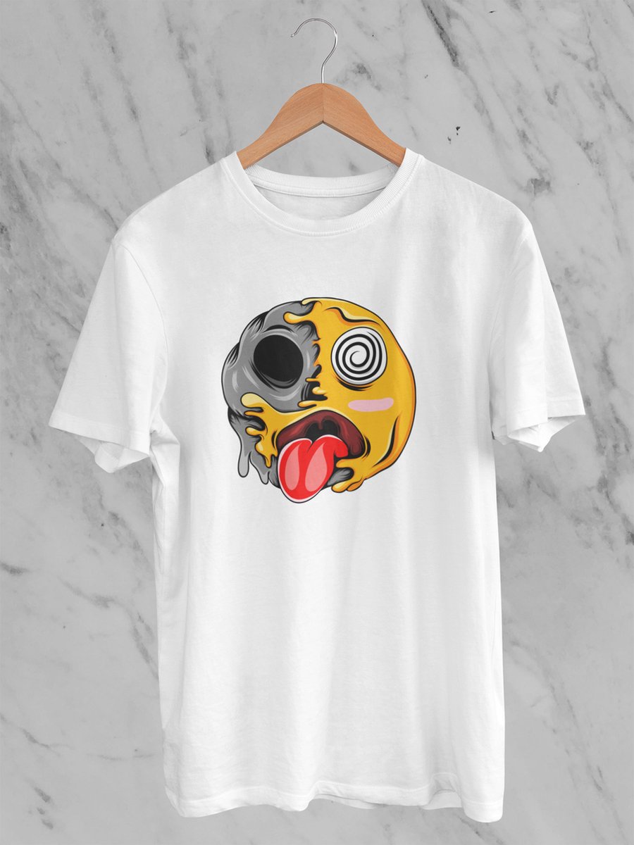 Feel Free - Halloween T-Shirt - Smiley: Gezicht met spiraalvormige ogen - Maat S - Kleur Wit