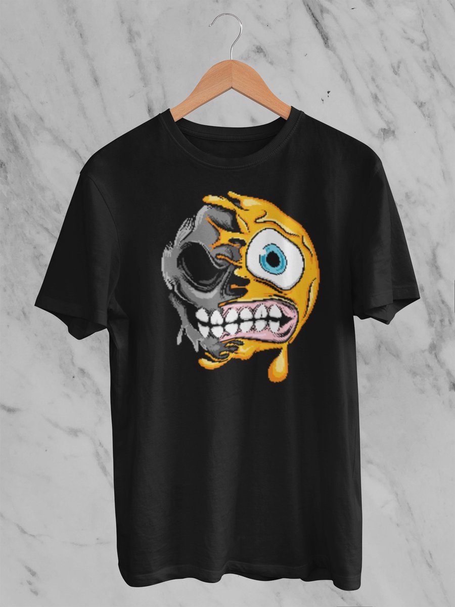 Feel Free - Halloween T-Shirt - Smiley: Grimas trekkend gezicht - Maat L - Kleur Zwart