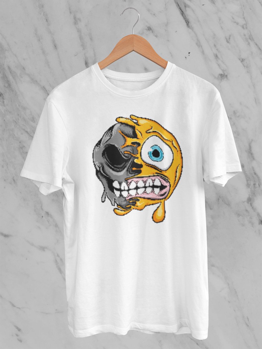 Feel Free - Halloween T-Shirt - Smiley: Grimas trekkend gezicht - Maat S - Kleur Wit