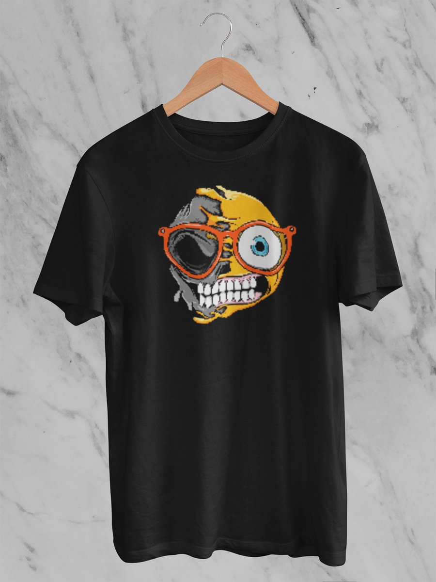 Feel Free - Halloween T-Shirt - Smiley: Grimassen Nerd gezicht - Maat S - Kleur Zwart