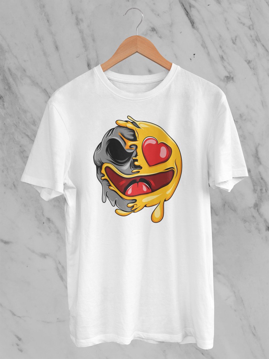 Feel Free - Halloween T-Shirt - Smiley: Lachend Gezicht Met Hart-Ogen - Maat M - Kleur Wit