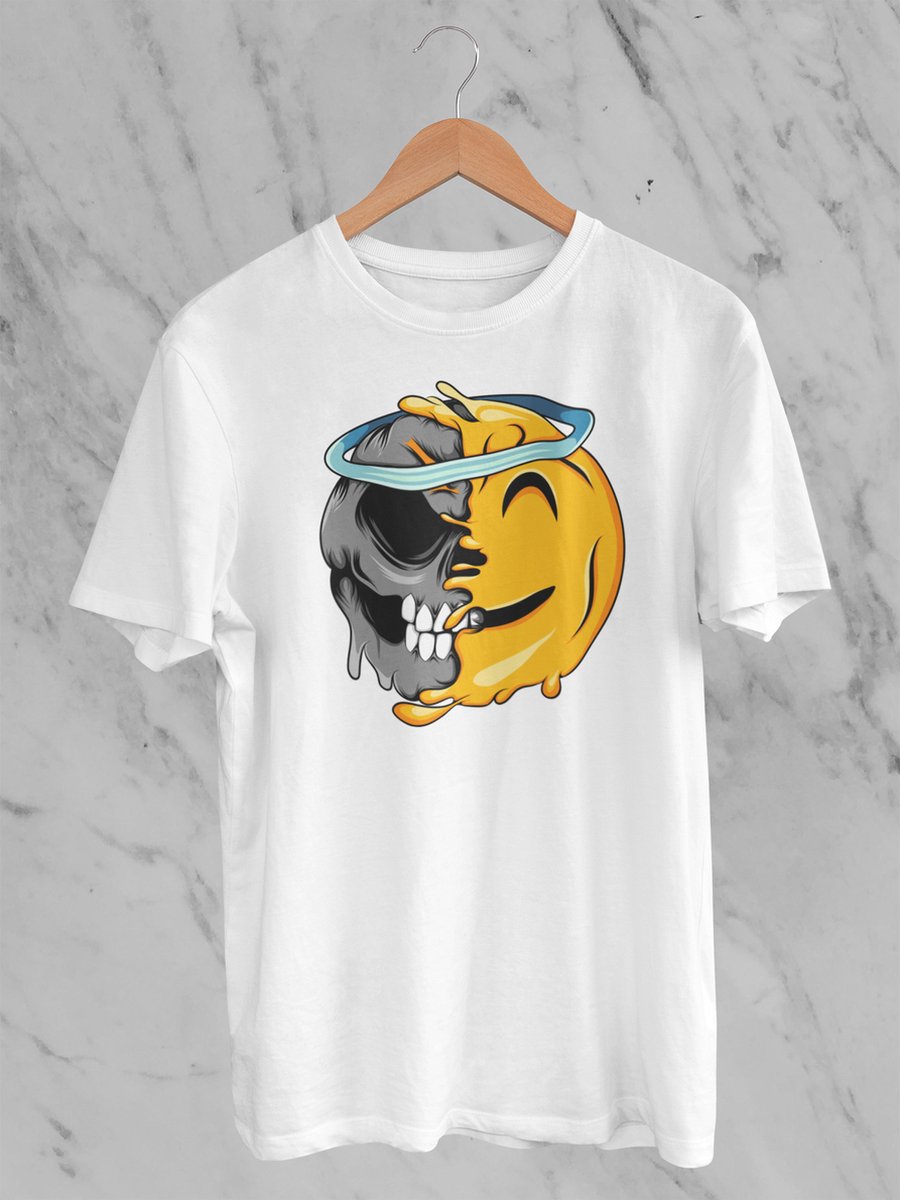 Feel Free - Halloween T-Shirt - Smiley: Lachend gezicht met halo - Maat XL - Kleur Wit