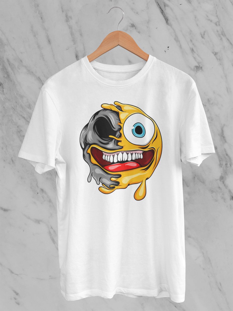 Feel Free - Halloween T-Shirt - Smiley: Lachend gezicht met open mond - Maat S - Kleur Wit