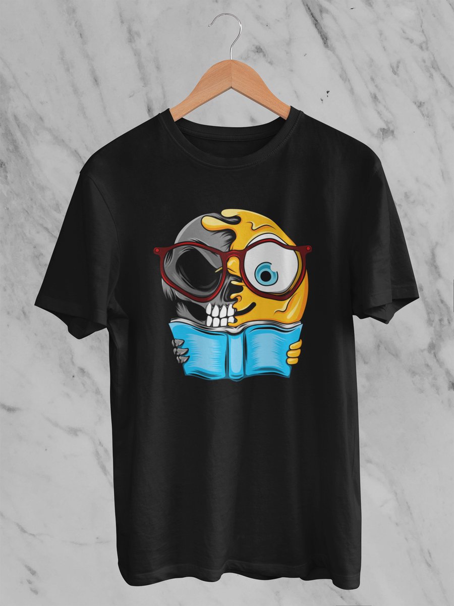 Feel Free - Halloween T-Shirt - Smiley: Lezende Nerdgezicht - Maat L - Kleur Zwart