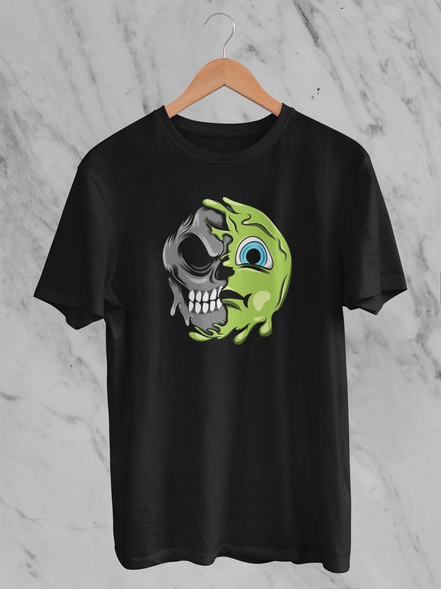 Feel Free - Halloween T-Shirt - Smiley: Misselijk gezicht - Maat L - Kleur Zwart