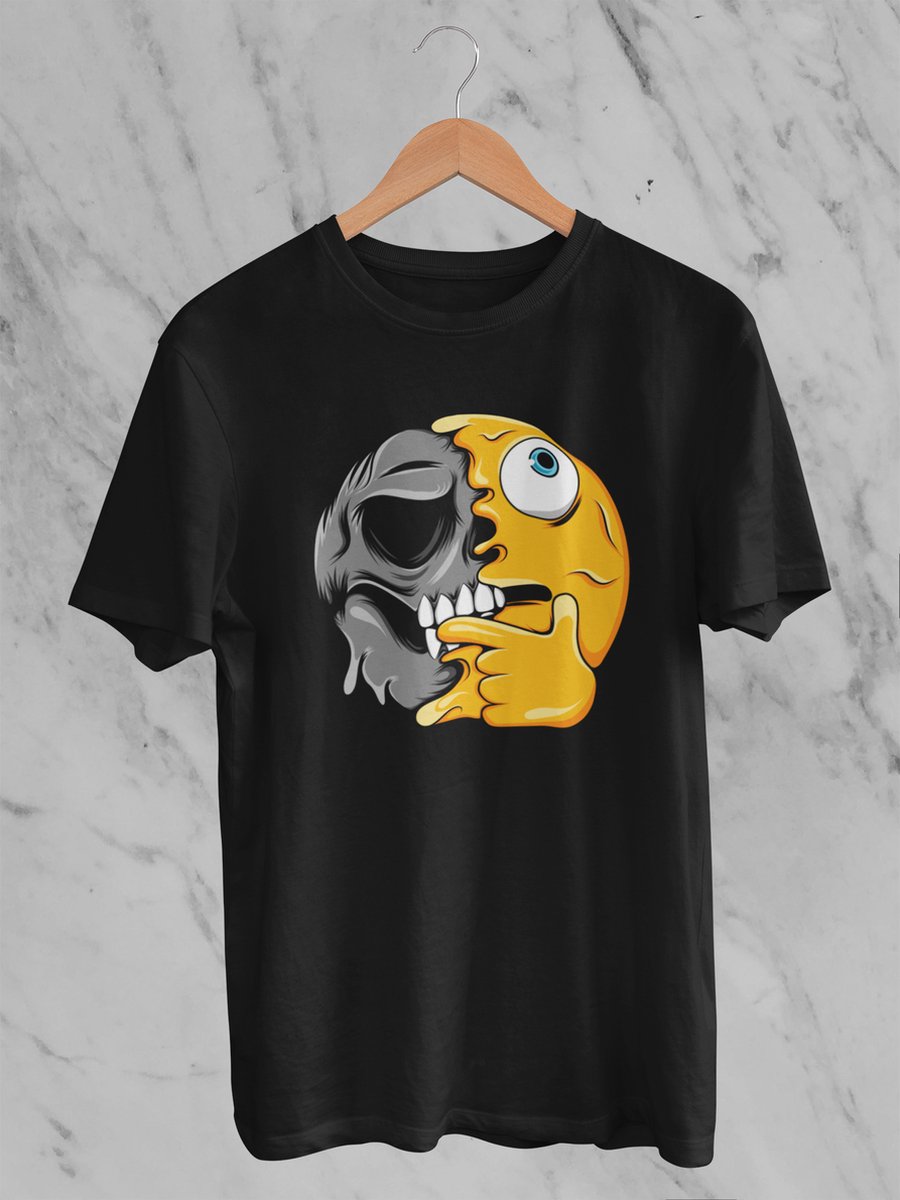 Feel Free - Halloween T-Shirt - Smiley: Nadenkend gezicht - Maat S - Kleur Zwart