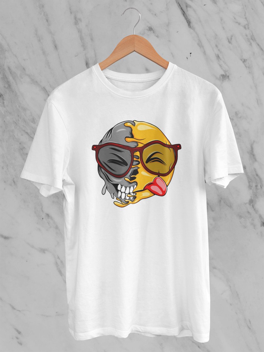 Feel Free - Halloween T-Shirt - Smiley: Nerd Gezicht Genieten Van Heerlijk Eten - Maat S - Kleur Wit