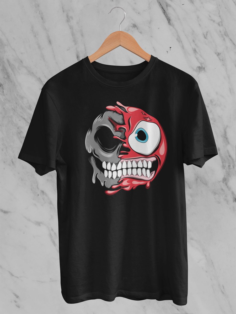 Feel Free - Halloween T-Shirt - Smiley: Pruilend gezicht - Maat S - Kleur Zwart