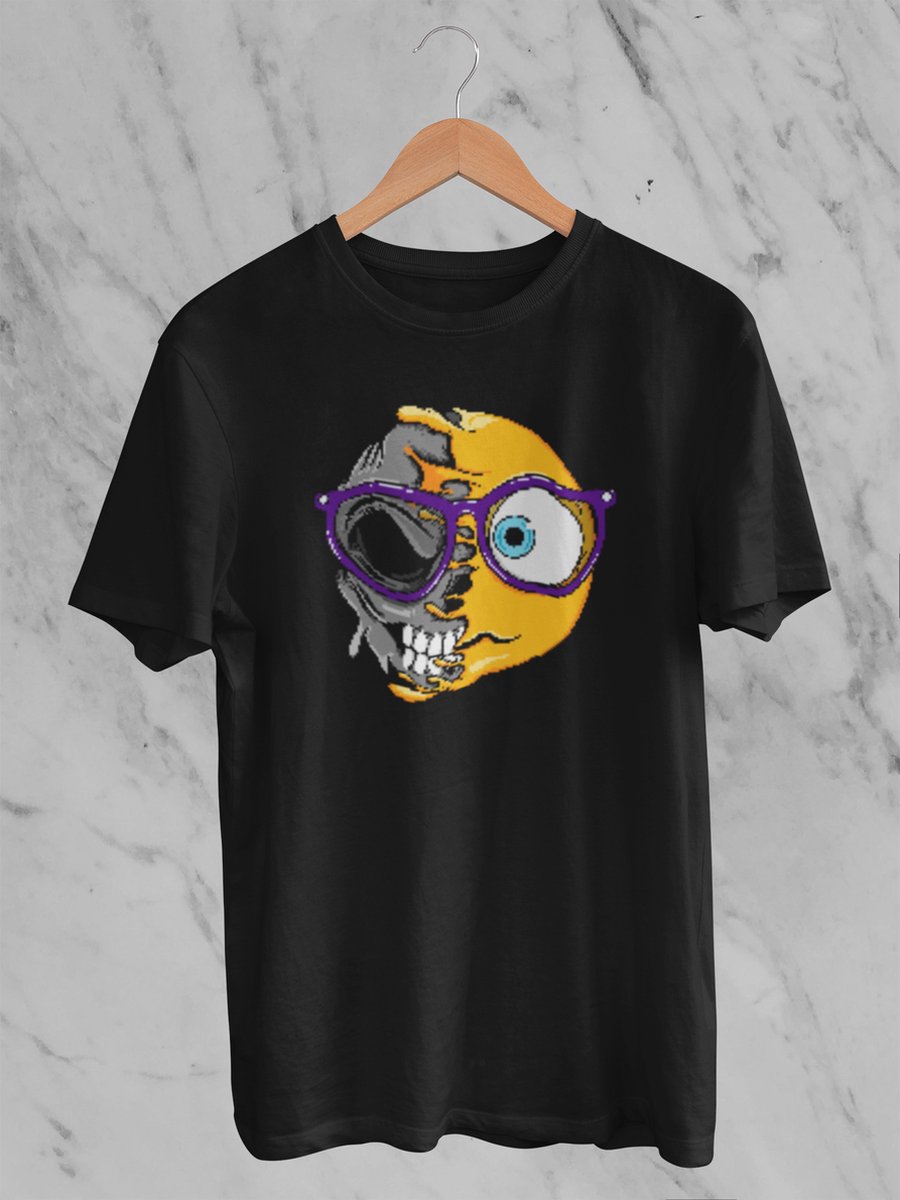Feel Free - Halloween T-Shirt - Smiley: Verward nerdgezicht - Maat L - Kleur Zwart