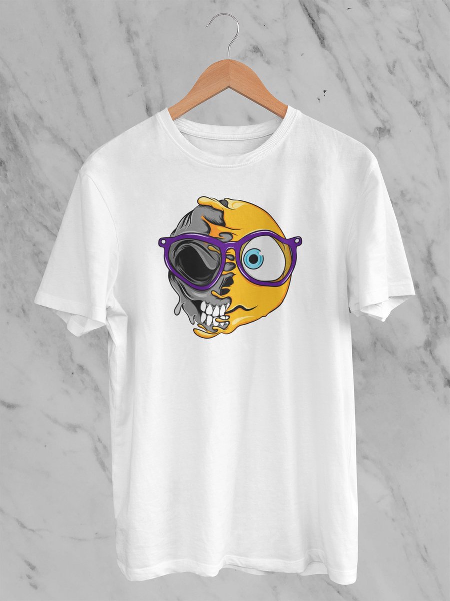 Feel Free - Halloween T-Shirt - Smiley: Verward nerdgezicht - Maat XL - Kleur Wit