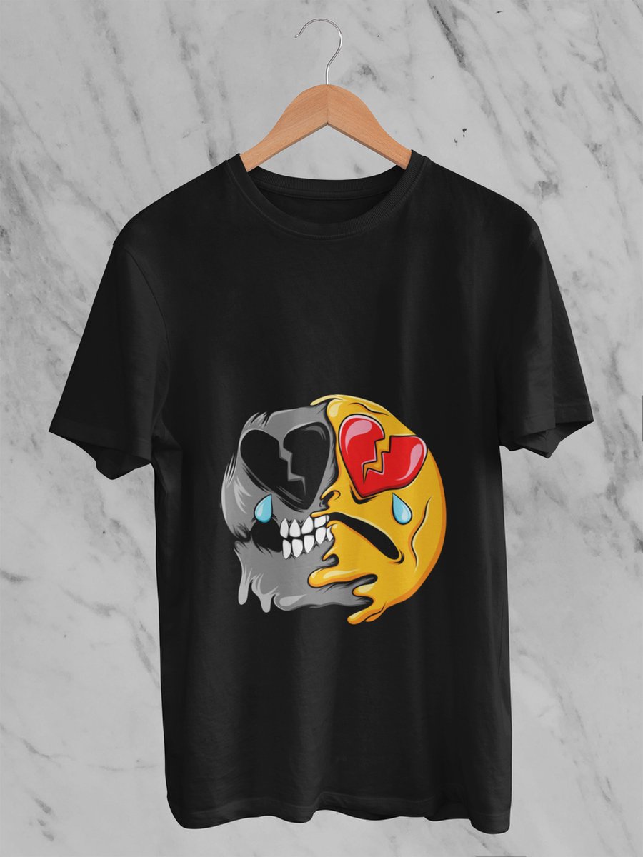 Feel Free - Halloween T-Shirt - Smiley: gebroken huilende haardogen - Maat S - Kleur Zwart