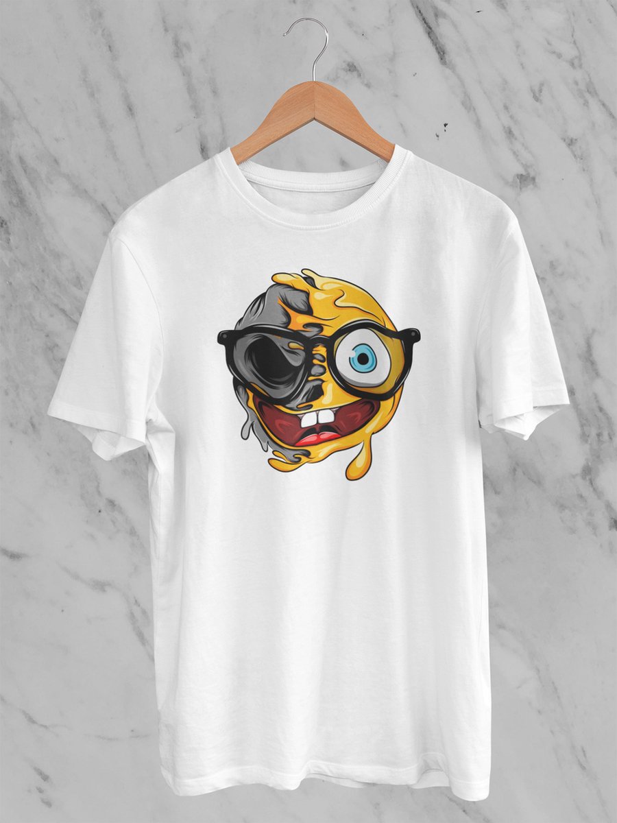 Feel Free - Halloween T-Shirt - Smiley: smiley Nerdgezicht - Maat M - Kleur Wit