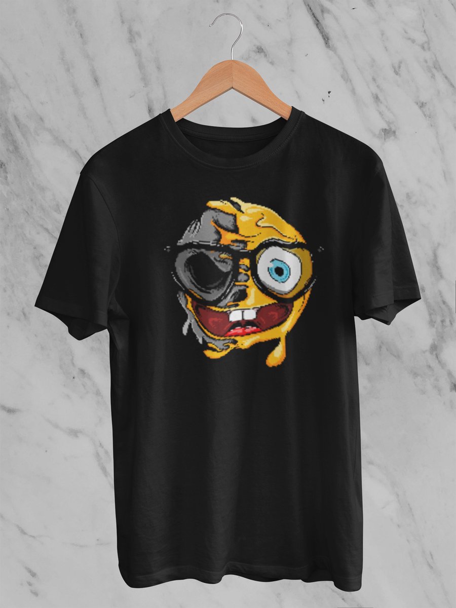 Feel Free - Halloween T-Shirt - Smiley: smiley Nerdgezicht - Maat M - Kleur Zwart