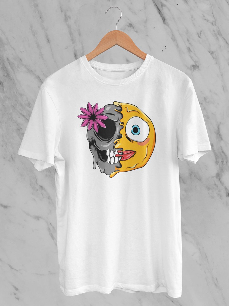 Feel Free - Halloween T-Shirt - Smiley: smileymeisje met bloem - Maat S - Kleur Wit