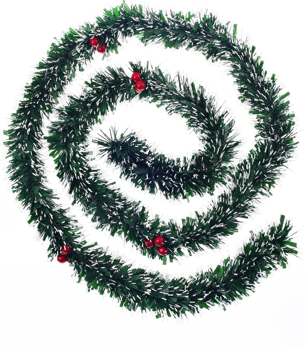 Feeric Christmas Dennenslinger - met sneeuw en rode besjes - 200 x 7,5 cm - kunststof - dennen guirlande