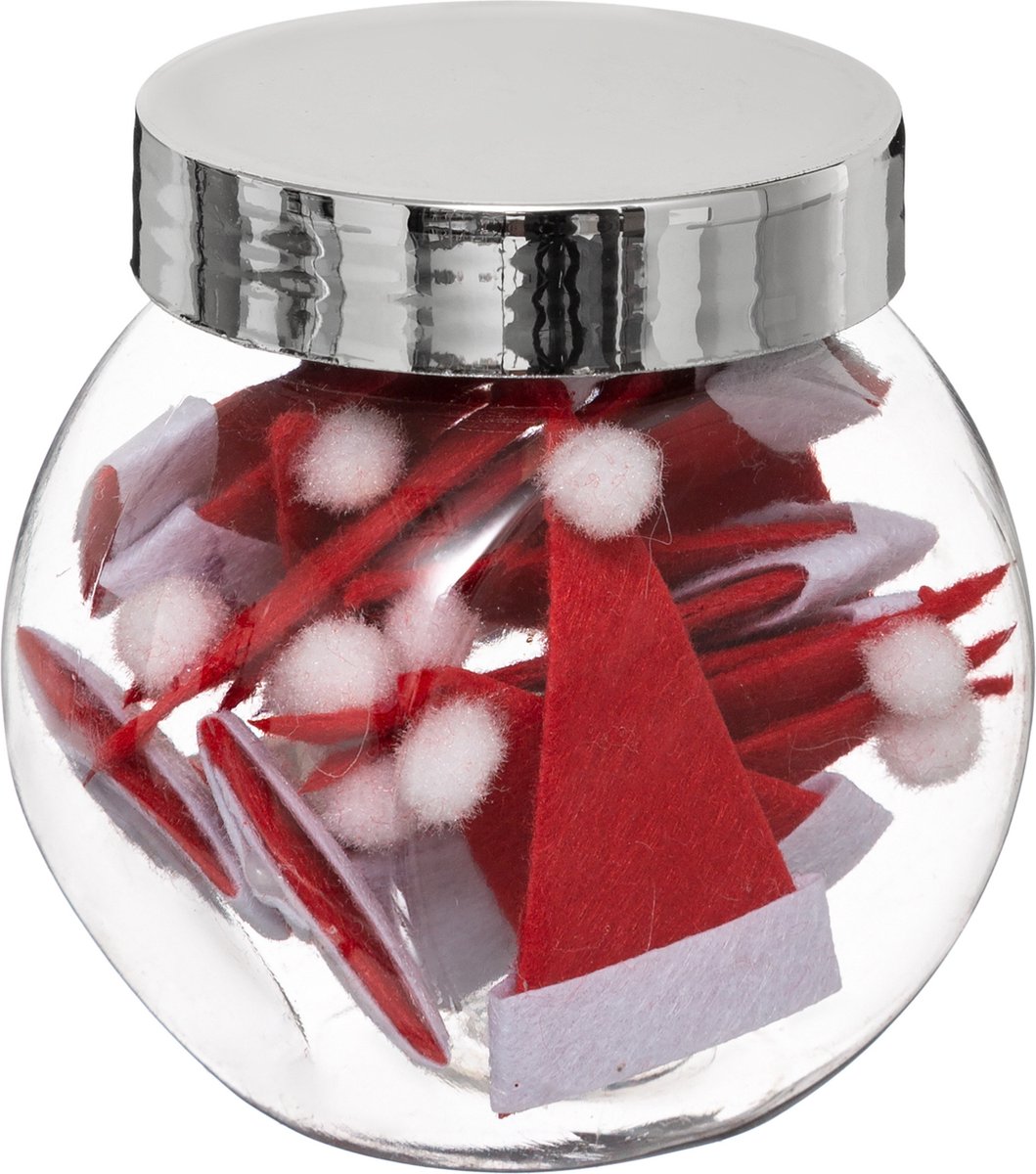 Feeric Christmas Mini kerstmutsen decoraties - 18x st- in glazen pot - 7,6 cm - polyester