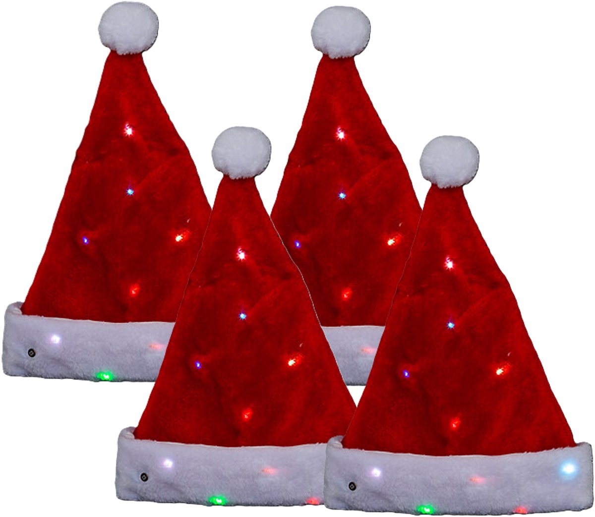 Feeric Kerstmuts - 4x - rood - met gekleurd LED verlichting - L30 x H30 cm - volwassenen - verlichte kerstmuts