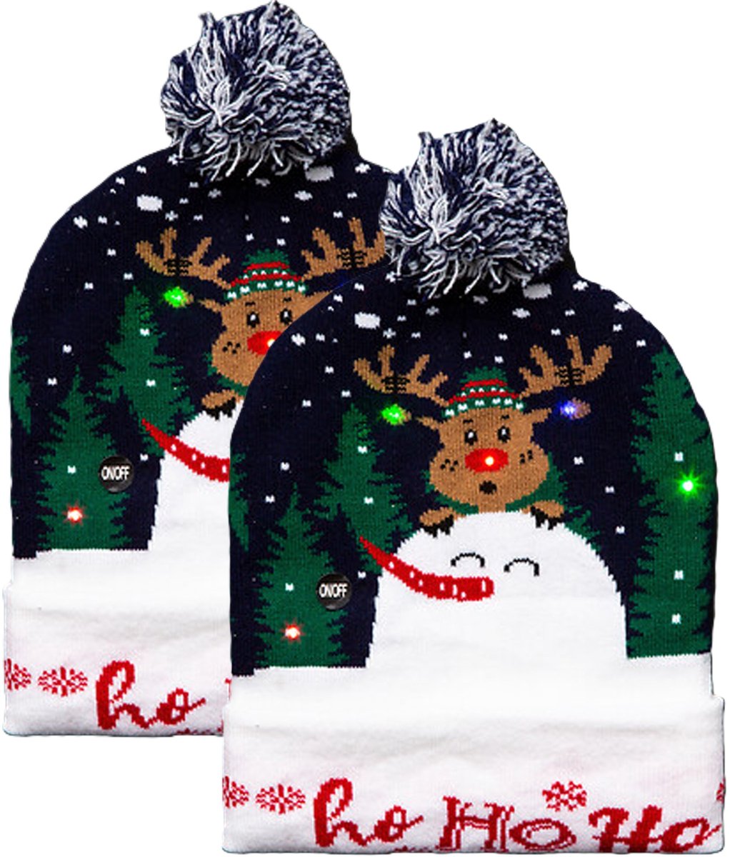 Feeric lights & Christmas Foute kerstmuts - 2x - groen - met LED verlichting - Ho Ho Ho - volwassenen - verlichte muts