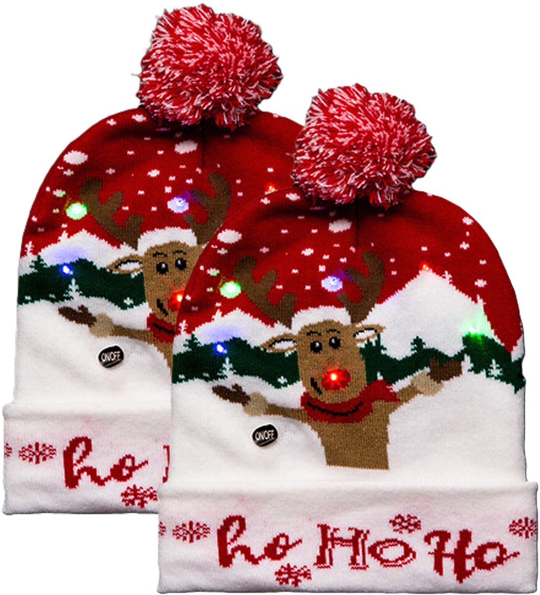 Feeric lights & Christmas Foute kerstmuts - 2x - rood - Ho Ho Ho - met LED lampjes - verlichte muts