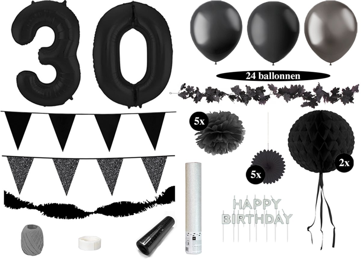 Feest zonder Fratsen - 30 jaar - 30 jaar verjaardag versiering - Zwarte ballonnen - Zwarte slingers