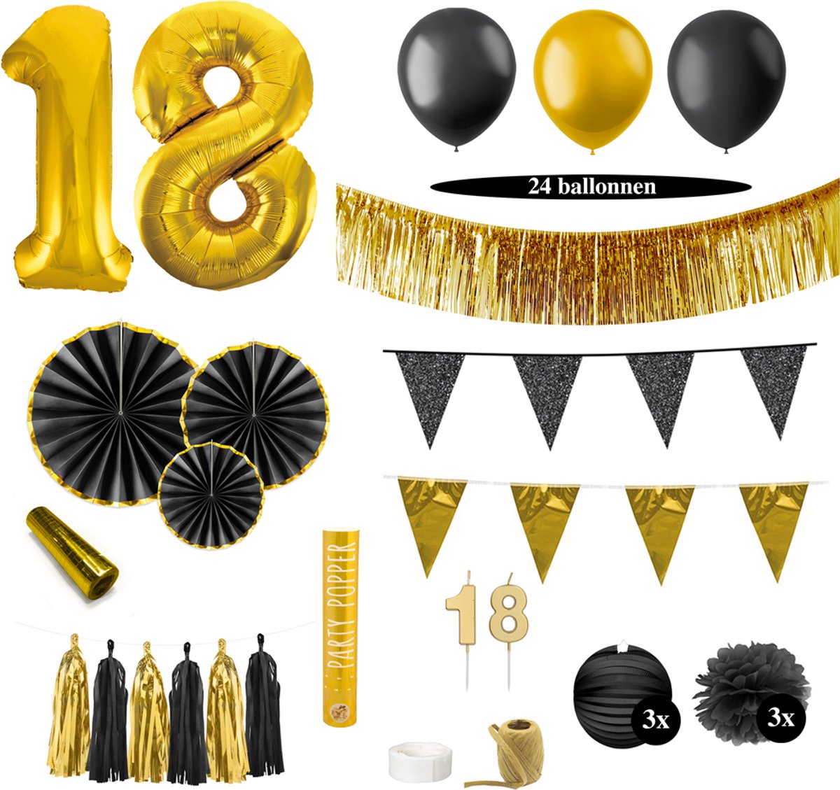 Feest zonder Fratsen - Luxe 18 Jaar Versiering Pakket - Slingers en Ballonnen - Goud en Zwart