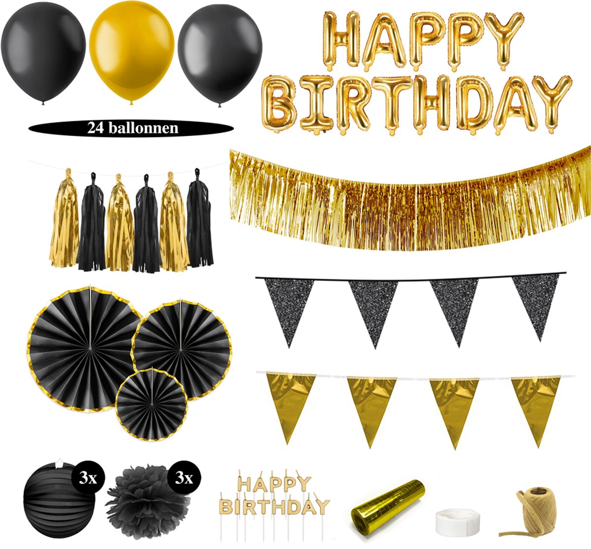 Feest zonder Fratsen - Luxe Verjaardag Versiering Pakket – Slingers en Ballonnen - Zwart en Goud
