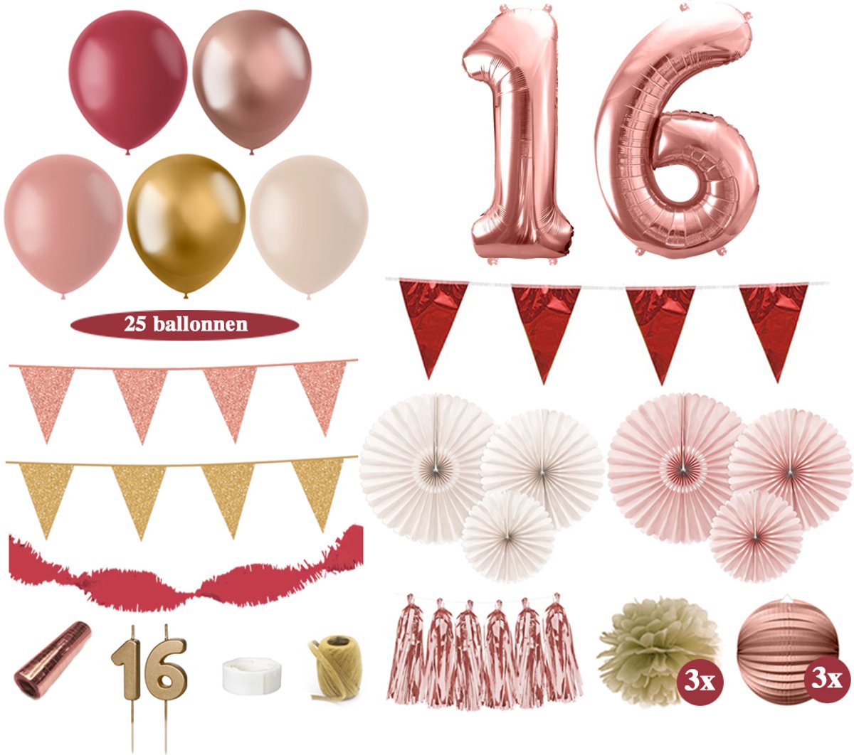Feest zonder Fratsen - Sweet 16 Versiering Pakket – Rosé, goud, oud roze en beige
