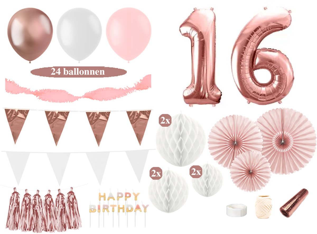 Feest zonder Fratsen - Sweet 16 versiering - Rose goud en wit - Ballonnen en slingers
