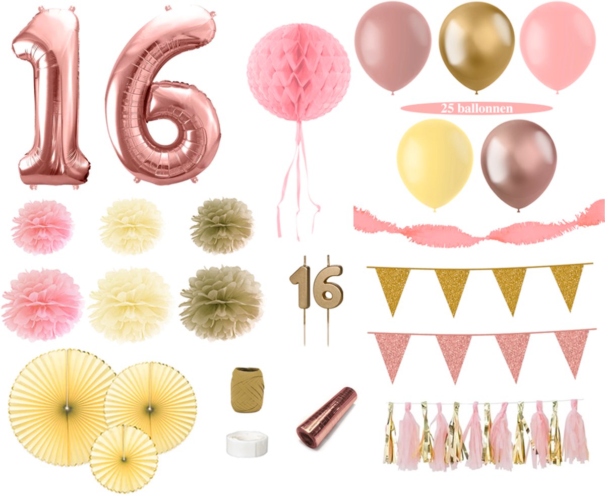 Feest zonder Fratsen - Sweet 16 versiering pakket - Rose, goud, roze en geel