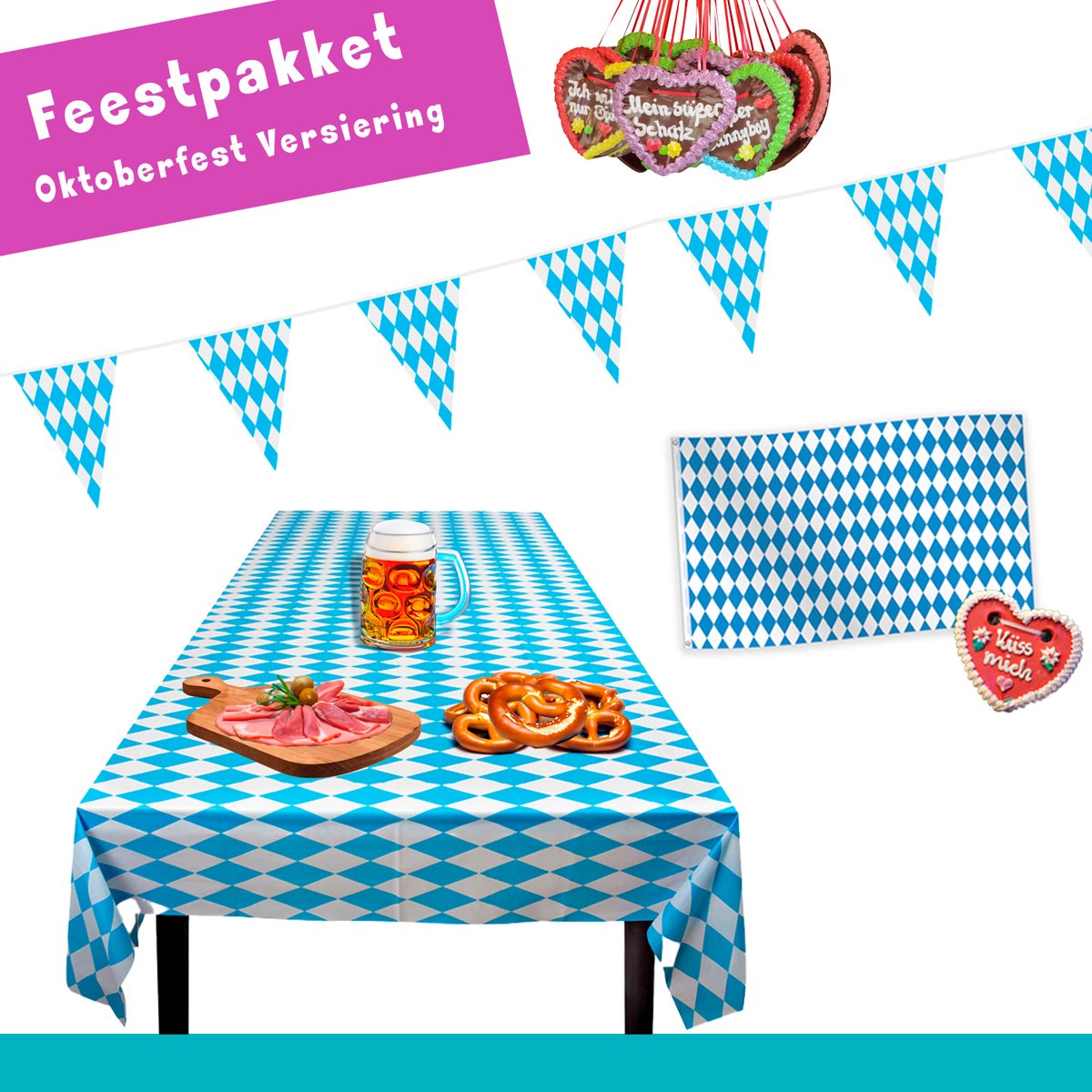 Oktoberfest Versiering Feestpakket - Oktoberfest Bierfeest Decoratie Versiering - Slingers, Vlag & Tafelkleed