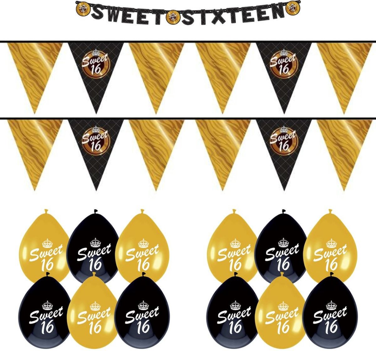 Sweet 16 Versiering Feestpakket - 16 Jaar Versiering - Sweet Sixteen - Vlaggenlijnen, Letterslinger & Ballonnen