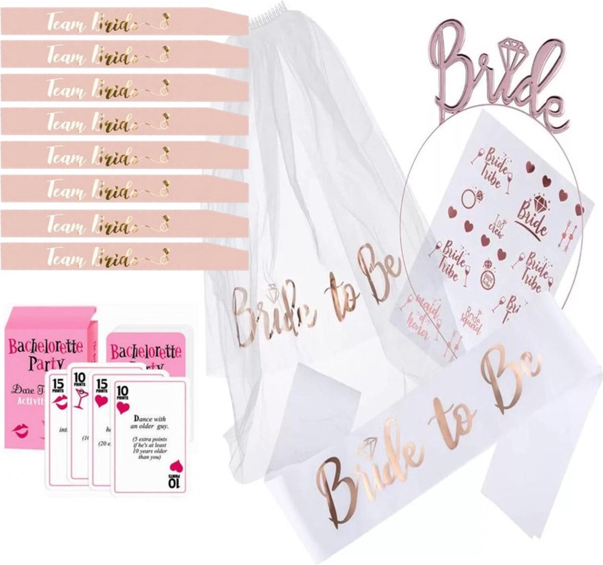FeestmetJoep vrijgezellenfeest - Bride to be 31-delig feestpakket Vrijgezellenfeest vrouw & kaartspel - Team bride - Bride to be sjerp - Bride to be sluier - Vrijgezellenfeest met het hele bride team - Team bride sjerp - Bride to be 9 personen